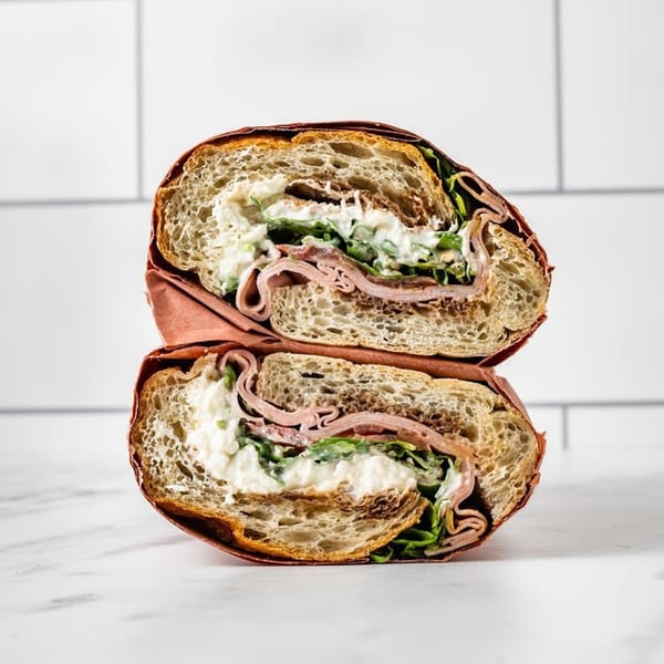 A Jholano’s Deli sandwich, cut in half, revealing ham, lettuce, and creamy dressing.