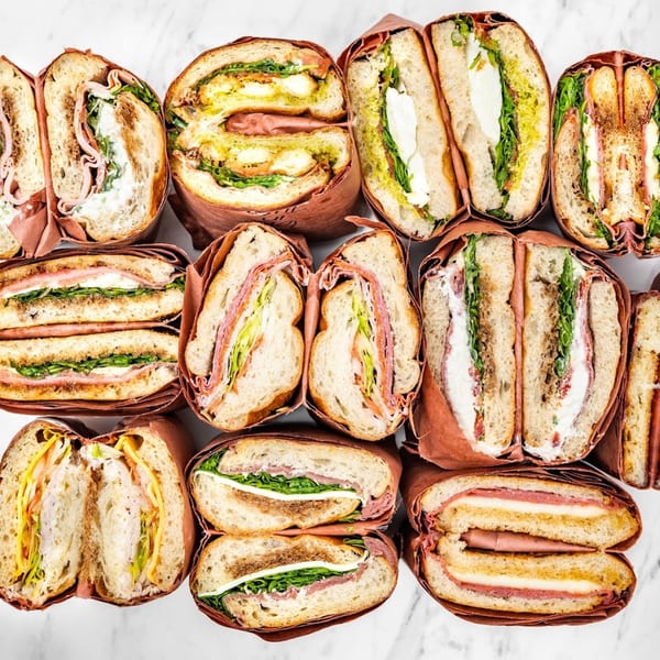 An overhead view of Jholano's Deli sandwiches, cut in half and wrapped in brown paper.
